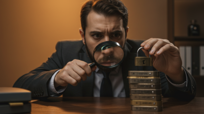 Man inspecting stacked locks with a magnifying glass, symbolizing digital asset security and protection.